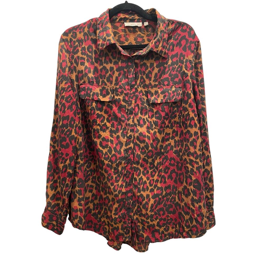 NEXX New York 100% Silk Leopard Print Button Down Blouse Size XL